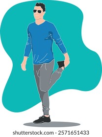 Flat Illustration of A man is warming up before running, wearing a blue t-shirt