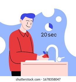 Flat illustration of a man washing fruits or vegetables. Covid-19 prevention. 