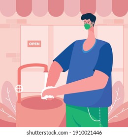 Flat illustration of a man washing hands. Washing hands with soap vector illustration. Washing your hands properly all the times, flat style COVID-19 illustration