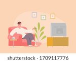 Flat illustration with man watching TV on armchair.