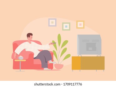 Flat illustration with man watching TV on armchair.