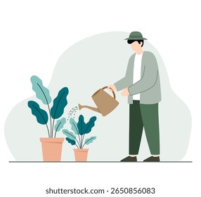 Flat Illustration of A Man Watering Plant with Watering Can