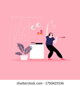 Flat illustration of a man wearing earphones dancing in the kitchen while cooking