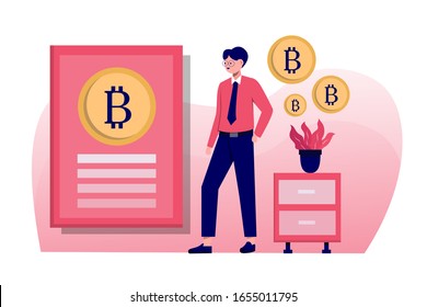 flat illustration of a man who is learning about bitcoin