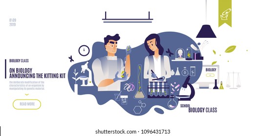 flat illustration with a man and a woman by genetic scientists in the laboratory who are examining green wheat germs in test tubes. research room in school for children and scientists