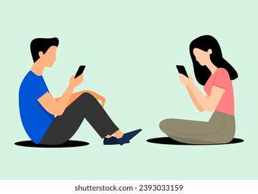 Flat illustration of a man and woman chatting with a smart phone people using phone. people using technology flat illustration