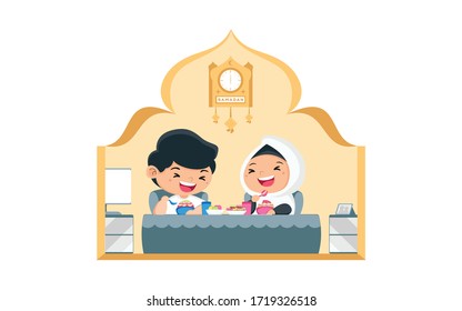 Flat Illustration man and woman iftar ramadan | Ramadan Kareem