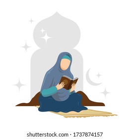 flat illustration of man and woman studying and reading the holy quran in their daily activity