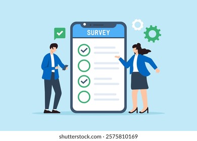 Flat illustration of man and woman using smartphone to fill in online survey checklist symbolizing internet feedback