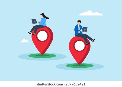 Flat illustration of man and woman work with laptop on different location pin symbolizing digital nomad