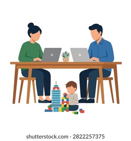 Flat illustration of a man and woman working on laptops at a table while a young child plays with colorful building blocks on the floor
