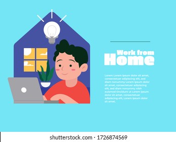 Flat illustration of a  man work from home. Covid-19 prevention.