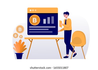 flat illustration of a man working with a bitcoin application on his desk
