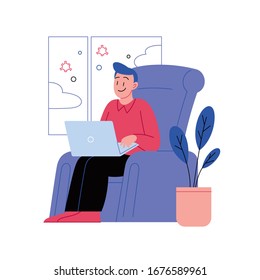 Flat illustration of a man working from home during the quarantine. Covid-19 prevention. 