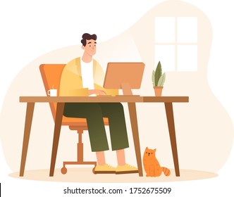 Ilustración plana de un hombre trabajando en casa. Trabajador independiente trabajando con computadora en casa. Hombre sentado en un sillón, usando un ordenador. Ilustración vectorial para freelancer, mañana, planificación, rutina