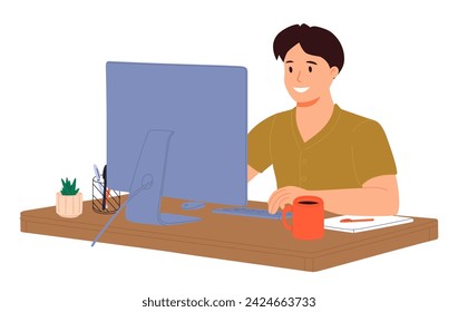 Ilustración plana de un hombre trabajando desde casa. Hombre de negocios sentado en el escritorio y usando el ordenador portátil. Concepto de tiempo o gestión de proyectos.