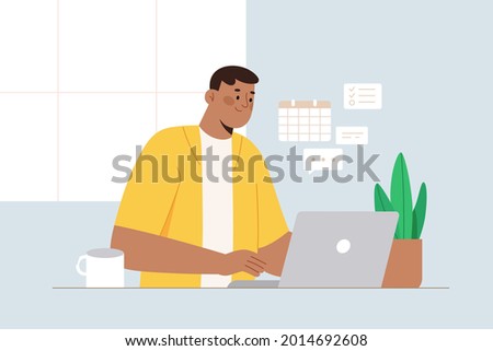 Flat illustration of a man working from home. Businessman sitting at desk and using laptop. Concept of time or project management.