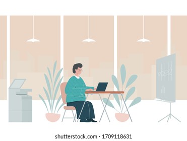 Ilustración plana con el hombre trabajando en el cargo.