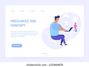 Flat illustration of man working on a laptop from home doing freelance job. Concept landing page.