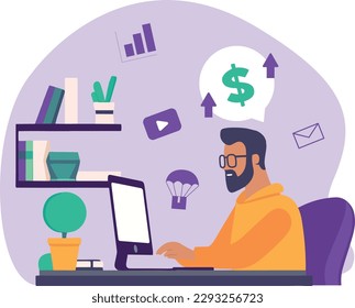 Flat illustration of a man working on his side hustle on his computer