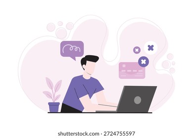 Ilustração plana de um homem trabalhando em um laptop com ícones de erro e símbolos de pagamento com falha. Conceito de problema de transação online, erro do sistema, problemas fintech, solução de problemas e falha de pagamento digital