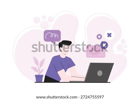 Flat illustration of a man working on a laptop with error icons and failed payment symbols. Concept of online transaction problem, system error, fintech issues, troubleshooting, and digital payment failure