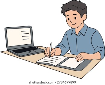 Ilustração plana de um homem escrevendo notas em uma mesa com um laptop, representando trabalho focado, estudo, aprendizado on-line e produtividade.