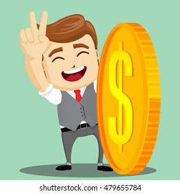  Flat illustration. Manager character with gold coin in hand. Manager character smiling and holding gold coin in hand. Funny cartoon businessman in various poses for use in presentations, etc. 