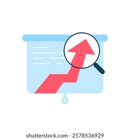 Flat illustration of market or sales prediction. upward arrow graph with a magnifying glass. data analysis, business growth, and financial forecasting. for presentations, reports, economic trends