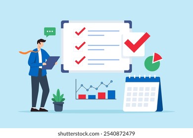 Ilustración plana de la lista de comprobación del negocio de la revisión del gerente de marketing en la pizarra con gráfico de calendario de marcas de verificación y gráfico circular