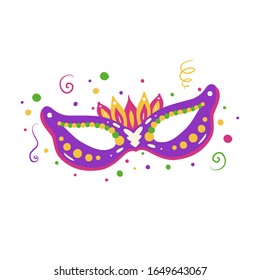 Flat illustration of a masquerade mask with confetti and ribbons. Mardi Gras celebration. Fat Tuesday. Decoration for carnival. Vector image for your creativity.