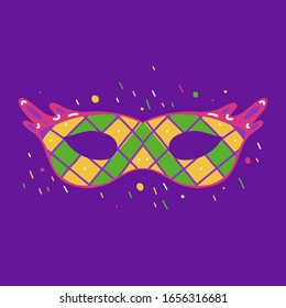 Flat illustration of a masquerade mask with doodle decorations on violet background. Mardi Gras celebration. Fat Tuesday. Decoration for carnival. Vector image for your creativity.