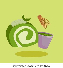Flache Illustration von Matcha-Rollkuchen mit grüner Tee-Creme und Zubehör auf hellgrünem Hintergrund. Nettes Dessert-Design für Bäckerei-Branding, Menü-Display und Lebensmittel-Dekoration.