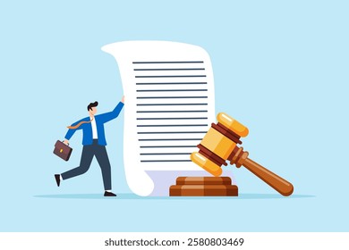 Flat illustration of mature lawyer hold legal document and gavel symbolizing judgment and court professionalism