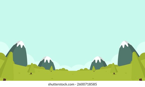 Flat illustration of a meadow with a bright blue sky and surrounded by hills and shrubs