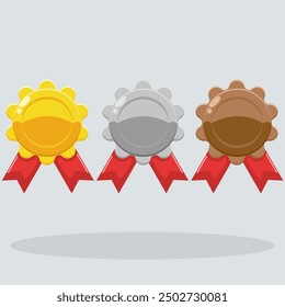 Flat illustration medal, gold, silver and bronze with ribbon