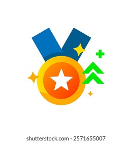 Flat illustration of a medal necklace with upward arrow. user level up in an application or website. for depicting achievements, rewards, progress, or unlocking new benefits in gamification systems