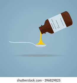 Flat illustration. Medical bottle with syrup pour in spoon.