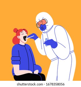 Flat illustration of a medical doctor wearing covid-19 protection suit treating patient