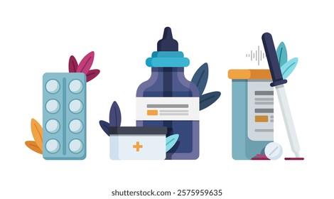 A flat illustration of medical products, including a pill blister pack, a dropper bottle, and a pill container, with decorative leaves on a white background