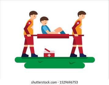 flat illustration of medical staff carrying footbal player injury, symbol, icon,