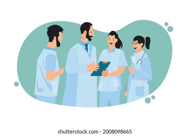 Flat illustration medical teams are listening to instructions from the chief to the treatment of cattle, 19 David valid. For working as a team to achieve efficiency