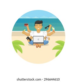 Flat illustration of meditating freelancer working on beach