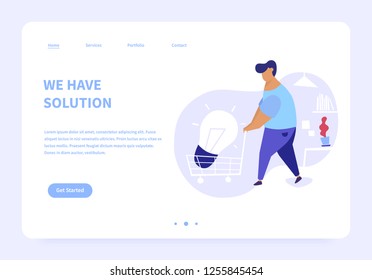 Flat illustration of men bringing big light bulb in a cart in an office. We have solution modern landing page concept illustration.