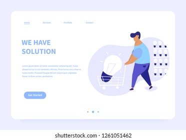 Flat illustration of men bringing big light bulb in a cart from a storage of ideas. We have solution modern landing page concept illustration.