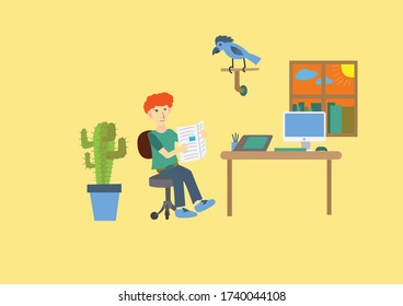 Flat illustration men reading  a newspaper from home - Vector