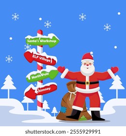 Flat illustration merry christmas with santa claus with wooden direction plank and snow everywhere