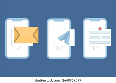 Recordatorio de mensaje de ilustración plana. Notificación de chat. Conjunto de teléfonos inteligentes con notificación. Ruta de recorte incluida. ilustración de diseño plano sobre fondo.
