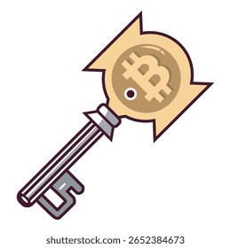 Ilustração plana de uma chave metálica com um símbolo Bitcoin. Ideal para blockchain, carteira criptográfica, fintech ou imagens de segurança cibernética.