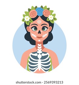 A flat illustration of a mexican catrina skeleton 